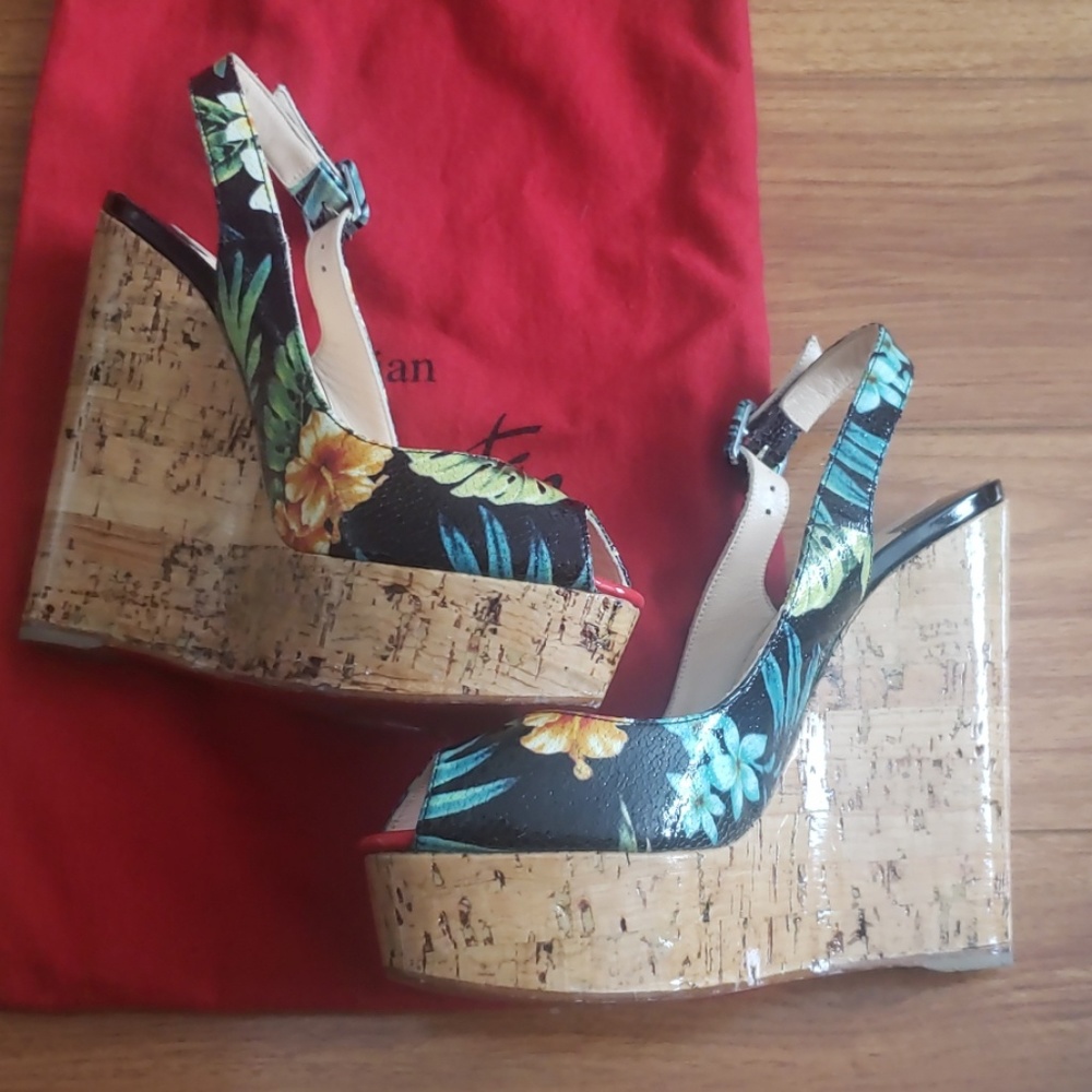 Christian Louboutin Black Floral Cork Wedge Sandals - Picture 2 of 8